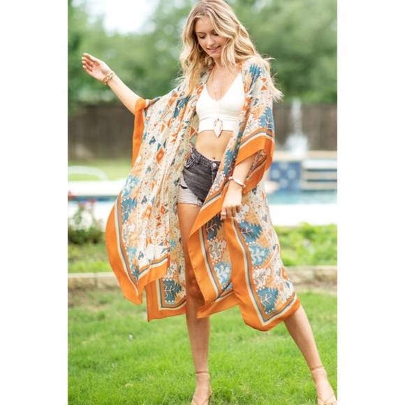 SOLD OUT Navajo Ethnic Western Orange Turquoise Open Bohemian Coverup Kimono - Picture 3 of 7